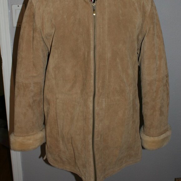 St. Johns Bay Tan Suede Leather Coat - Faux Fur/Sherling Lining w/Hood Petite S - Picture 1 of 13